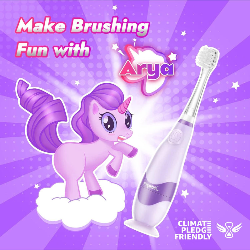[Australia] - Papablic Toddler Sonic Electric Toothbrush Kids for Ages 1-3 Years, Baby Electric Toothbrush with Cute Unicorn Cover and Smart LED Timer, 4 Brush Heads (Arya) 4 Brush Heads Arya 