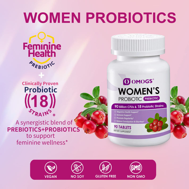 [Australia] - Women's Probiotic,with Cranberry Extract and Organic Prebiotics,90 Billion CFUs,18 Strains,Help for Boost Immune,Digestive, Gut and Women's Health,Gluten Dairy Yeast & Soy Free, 90 Tablets 