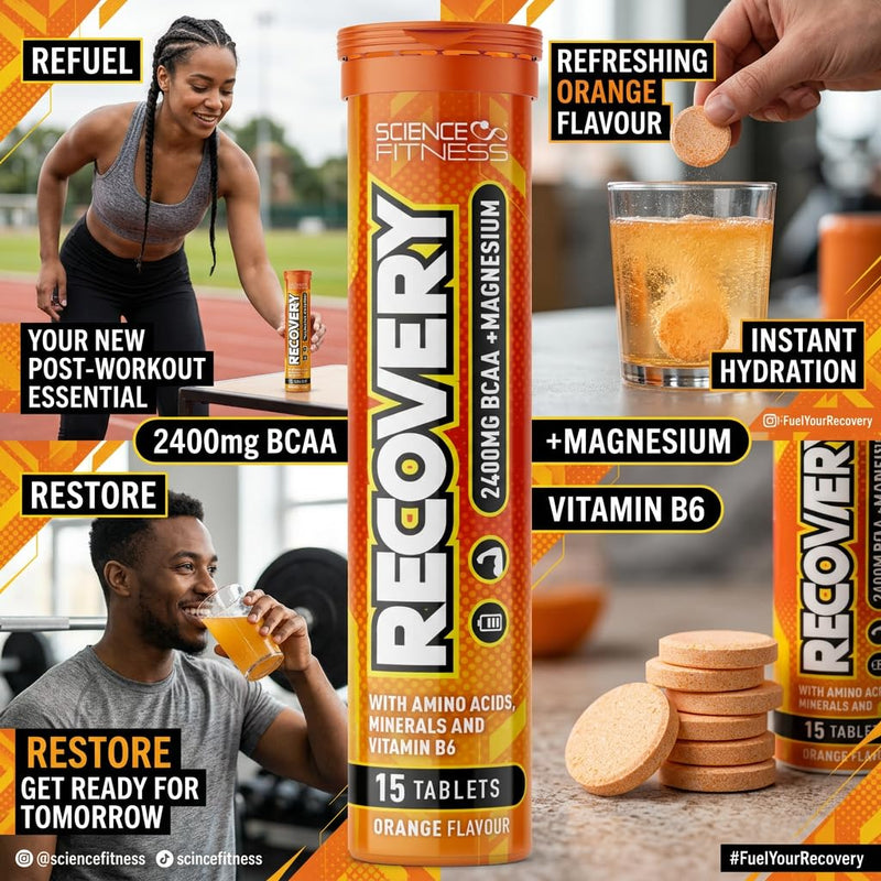 Recovery Effervescent- Orange Flavour | BCAA 2400mg with B6 and Magnesium| 6x15 Tablets| Science Fitness 15 count (Pack of 6)