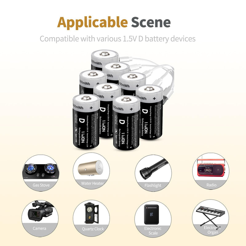[Australia] - Rechargeable D Batteries 1.5V 5600mWh Lithium-ion Batteries with 4 in 1 USB-C Charging Cable, D Li-ion Batteries 1000 Cycles for Flashlight, Water Heater, Gas Stove (4 Pack) 