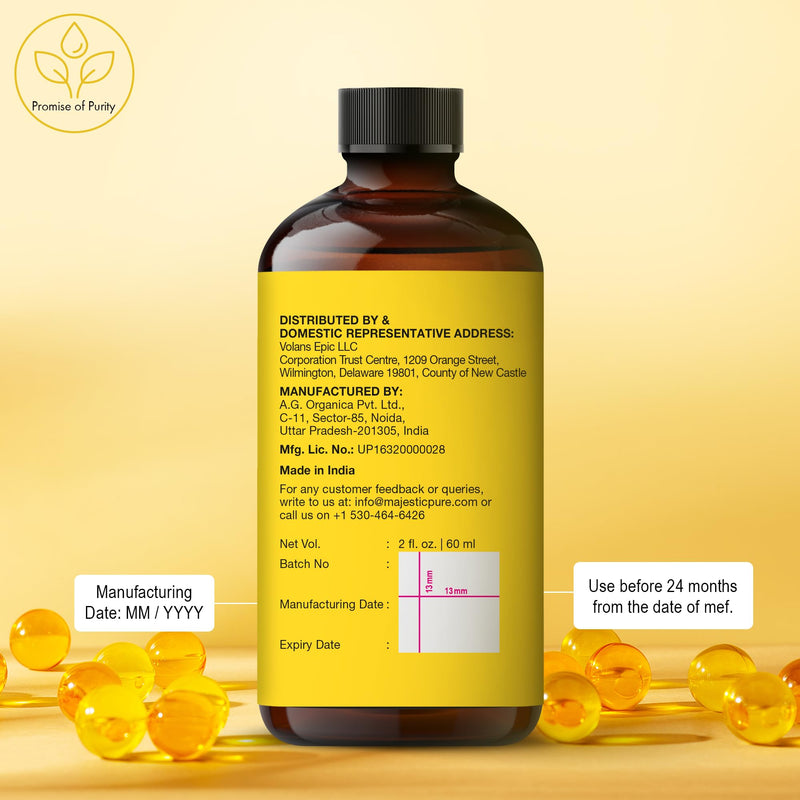 Majestic Pure Vitamin E Oil 100% Pure & Natural Body Oil - 2 Fl Oz | Ideal for Skin, Nails, Face Oil, Hair Oil - 70,000 IU- Cold Pressed Hexane Free Non-GMO Gluten Free Formula 2 Fl Oz (Pack of 1)