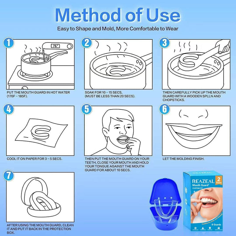 [Australia] - Mouth Guard for Clenching Teeth at Night, Sport Athletic, Whitening Tray, 2 Sizes, Pack of 8 with Travel Case 