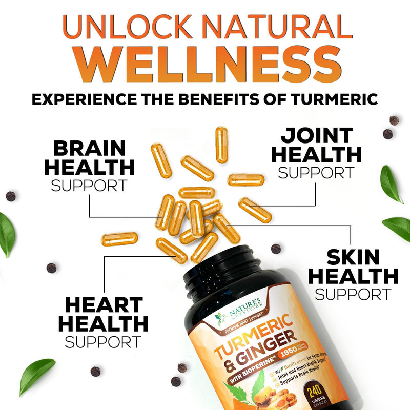 Turmeric Curcumin Supplement - 95% Curcuminoids with Organic Turmeric & Ginger, BioPerine Black Pepper Extract for Best Absorption, Natural Vegan Joint Support, Non-GMO, Bottled in USA - 240 Capsules 240 Count (Pack of 1)