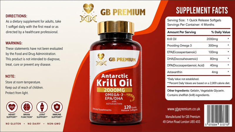 Antarctic Krill Oil 2000mg, Omega-3 EPA & DHA with Astaxanthin and Phospholipids, High Strength Krill Oil Supplement, 120 Softgels