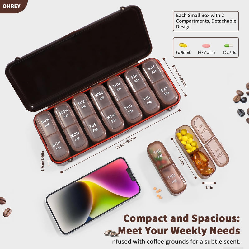 Pill Organizer 2 Times a Day, Weekly Travel Case for Vitamins, Fish Oils + 2 Detachable Cute Boxes (Brown) Brown