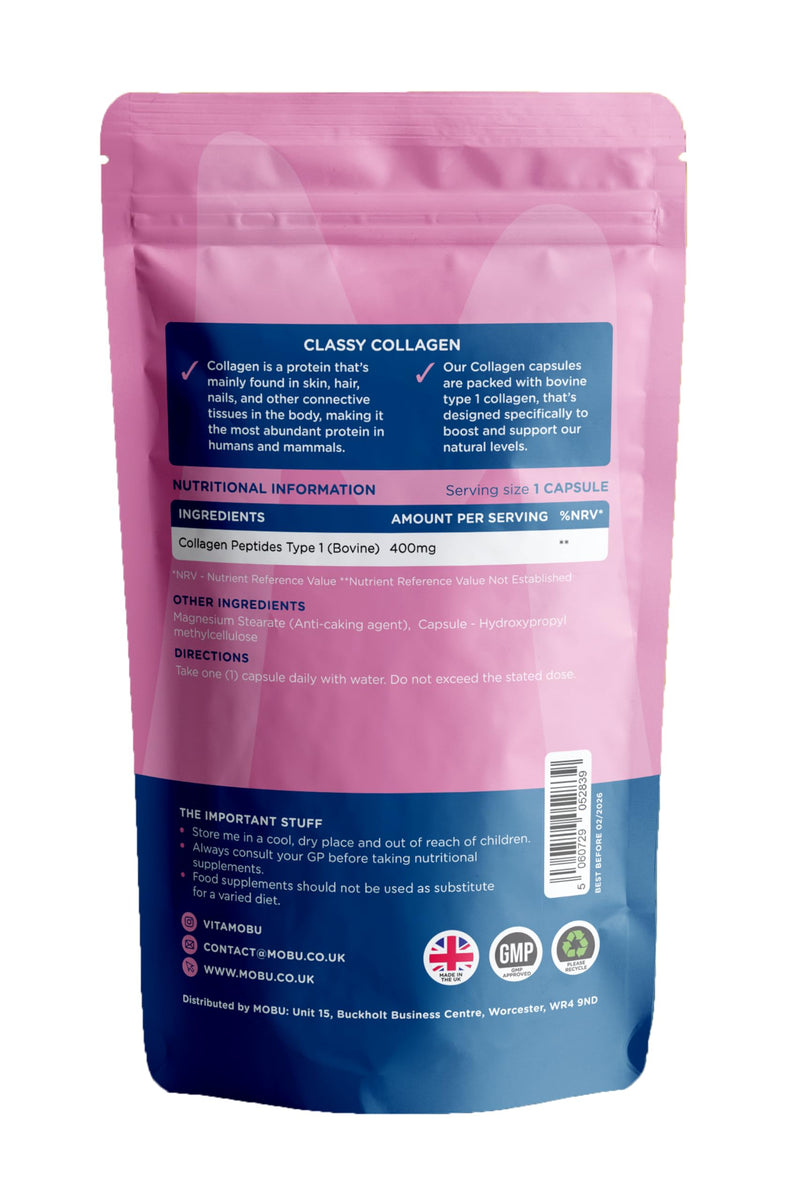 Hydrolysed Collagen 400mg 120 Capsules | Hair, Skin and Joint Health Supplement | Bovine Collagen Type 1 for Women & Men | Letterbox Friendly | MOBU UK
