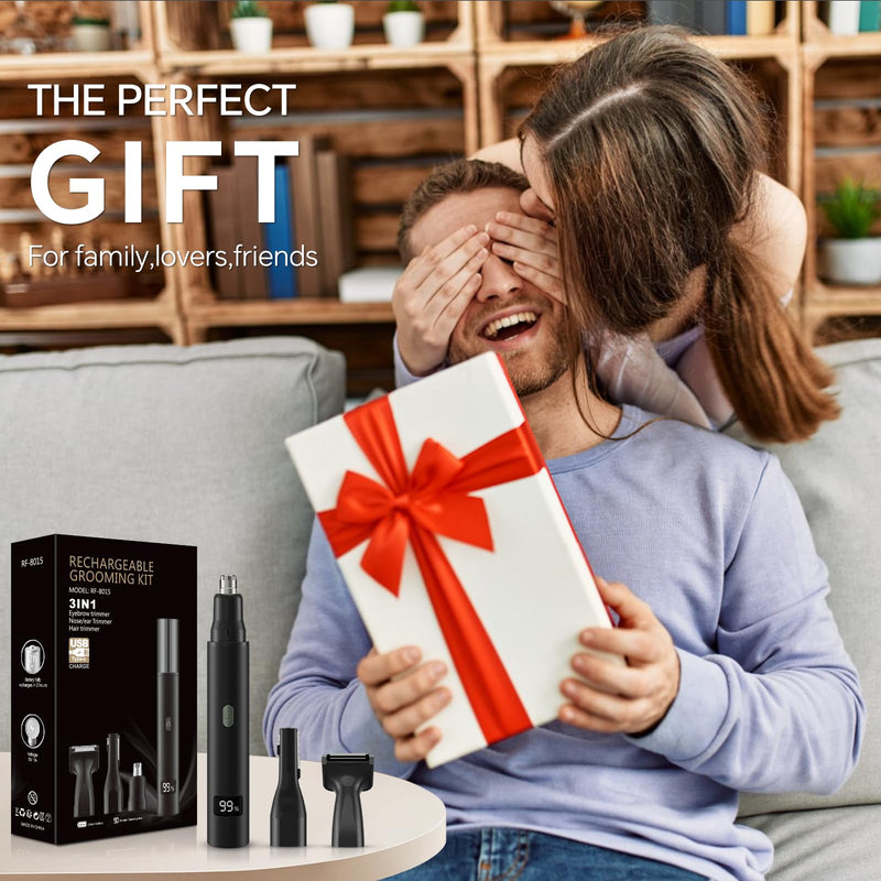 [Australia] - RUIM 3-in-1 Nose Hair Trimmer for Men & Women, Painless Eyebrow Ear Face Groomer, USB-C Fast Charge Waterproof with LED Display, Shower-Safe Travel Kit Gift for Dad Christmas 