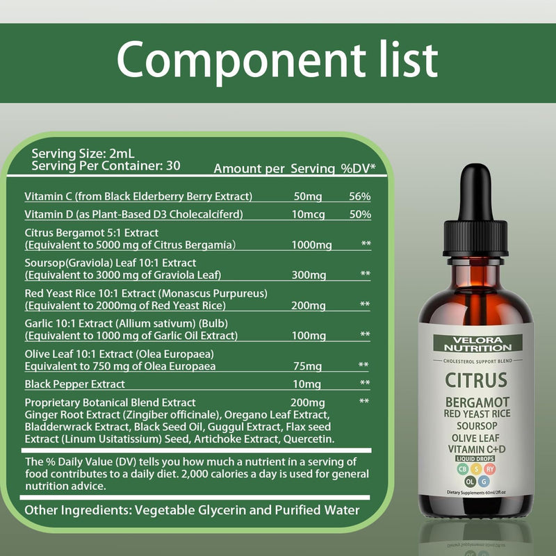 [Australia] - Red Yeast Rice Drops - Cholesterol Support Blend with Citrus, Bergamot, Red Yeast Rice, Soursop, Olive Leaf, Vitamin B+C, Natural, Non-GMO, Vegan, Dietary Supplement, 2 fl. oz. (60ml) 