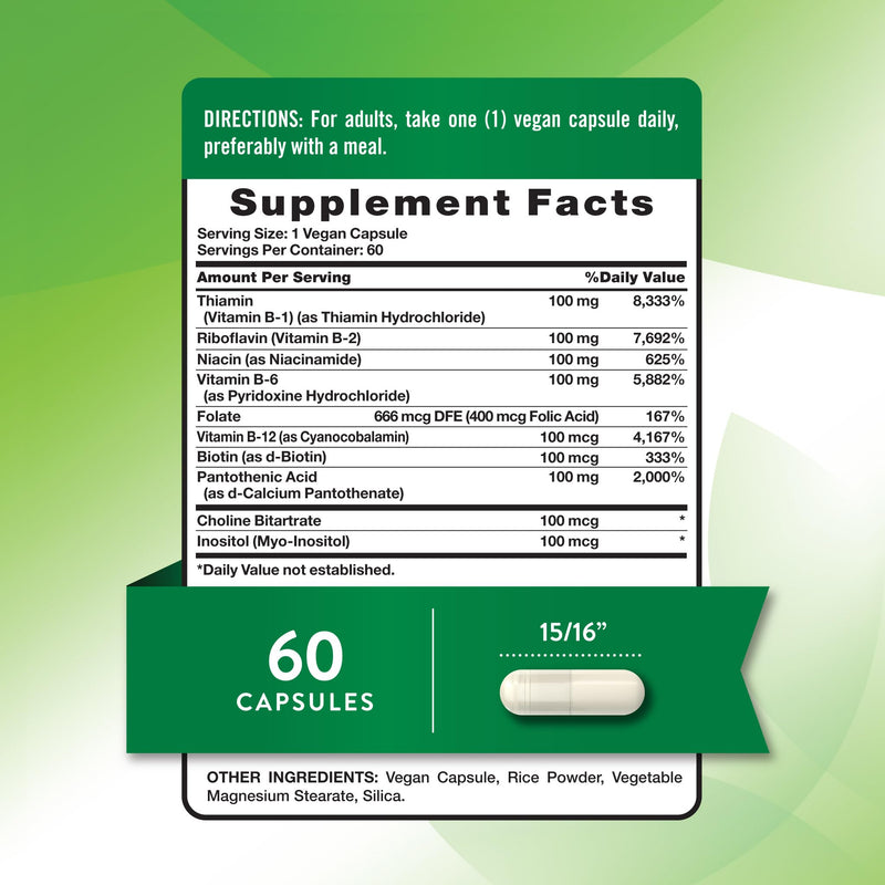 Nature's Truth Vitamin B Complex for Women and Men | 60 Capsules | High Potency B-100 | Vegan, Non-GMO & Gluten Free Supplement 60 Count (Pack of 1)