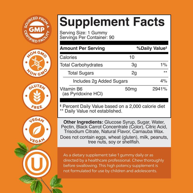 Potent Vitamin B6 Gummies for Adults - Vitamin B6 50mg Per Serving Gummy Vitamins for Women and Men for Immune Nerve and Mood Support - Vegan Kosher B6 Vitamins Gummies for Women and Men - 90 count 90 Count (Pack of 1)