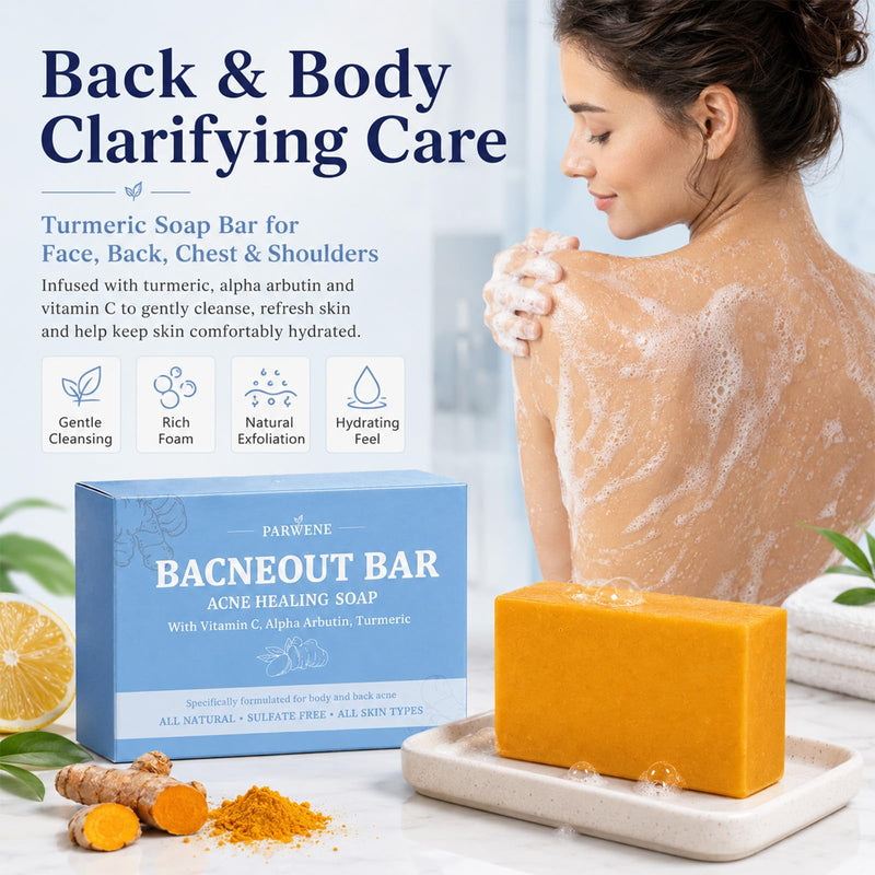 BacneOut Bar, Acne Healing Soap with Turmeric Vitamin C & Alphaarbutin, Natural Exfoliating Cleanser for Back, Face, Chest, Shoulders (2) 2