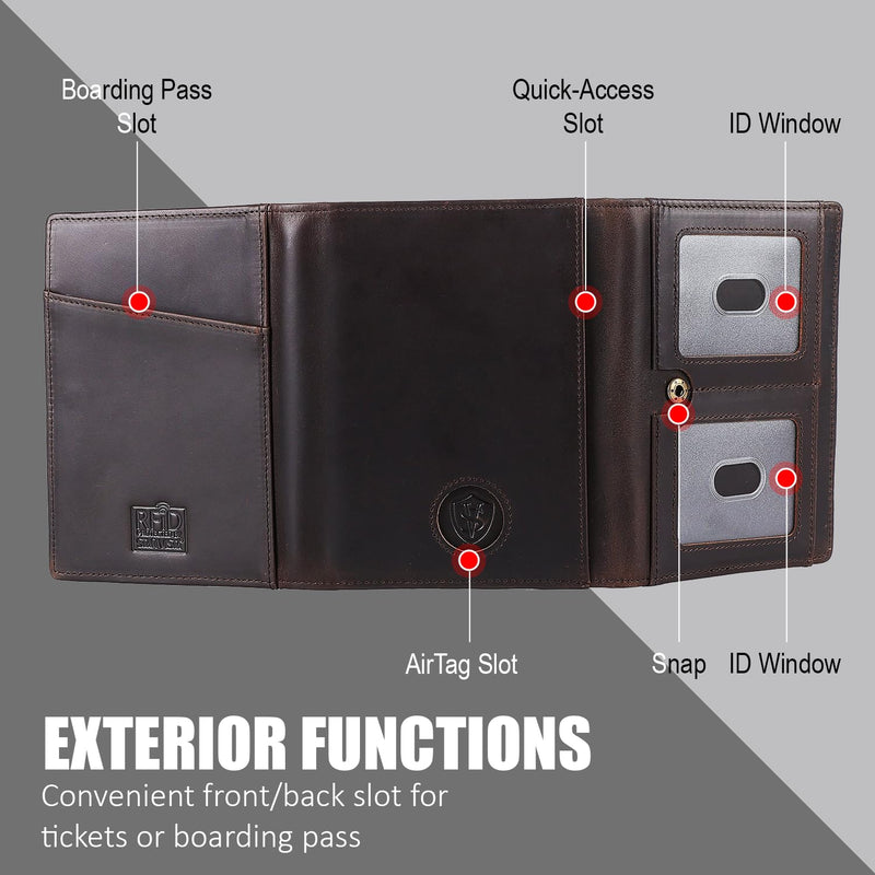 STAR VISTA Domenico Full Grain Leather Pilot Passport Wallet, Trifold Travel Document Organizer with RFID Blocking, Transparent Doc & Dual ID Windows, AirTag Slot, Pen & Travel Notebook Dark Chocolate Cowhide AirTag