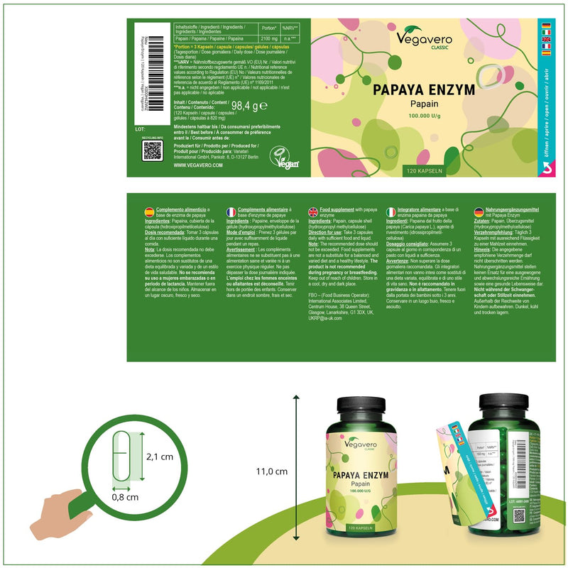 [Australia] - Papaya enzyme Vegavero® | High dose: 2,100 mg of pure papain per daily dose | High enzyme activity: 100,000 units/g | Naturally from the fruit| 120 capsules | Vegan & without additives 