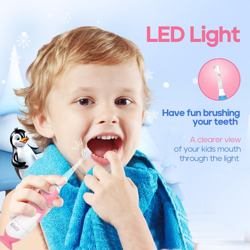 SEAGO Toddler Electric Toothbrushes for Baby Ages 0-3 Years, Baby Toothbrush with Smart Timer and Suction Base, 4 Replacement Brush Heads SG-513(Pink-C) Pink-c