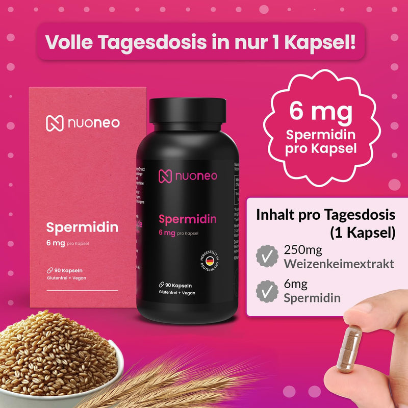 [Australia] - Spermidine capsules high dosage 6 mg per capsule - made in Germany (2 x 90 pieces) supply for 6 months - wheat germ powder gluten-free 6 mg Spermidine 90 pieces (pack of 2) 