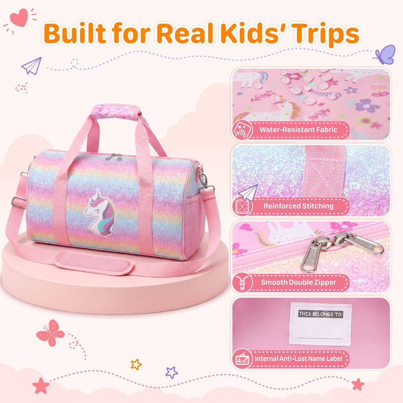 Kids Travel Duffle Bag - Weekender Bag for Girls 3-8 Year Olds | Dance Ballet Gym Overnight Bag with Adjustable Padded Strap, Dry&Wet and Shoe Area, Includes a Laundry Bag, Pink Unicorn 01 Pink Unicorn Medium-25L(Ages 3-8)