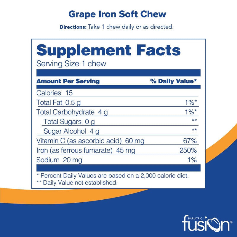 [Australia] - Bariatric Fusion Iron Soft Chew with Vitamin C | Grape Flavored | Chewy Vitamin for Bariatric Patients | Gluten Free | Iron Supplement for Women and Men | 60 Count | 2 Month Supply 