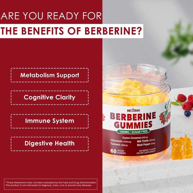 [Australia] - Berberine Supplement 1500mg, Sugar Free Berberine with Ceylon Cinnamon Gummies w/Chromium, Turmeric, Milk Thistle for Naturally Metabolism Balanced, Berberine HCl from Indian Barberry Extract, 60 Cts 60 Count (Pack of 1) 