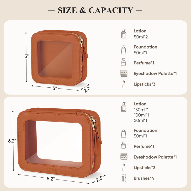 Clear Makeup Bag, Travel Toiletry Bag Cosmetic Case for Women, Waterproof Portable Make Up Skincare Pouch with Zipper, Compact Car Organizer Bag for Essentials, Mini & Medium, Brown Mini+Medium