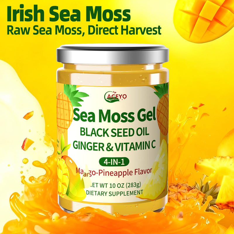 ACEYO Sea Moss Gel 4-in-1, Irish SeaMoss with Black Seed Oil & Ginger | Rich in Minerals & Vitamins,Immunity & Health Support,Superfood,Non-GMO, Vegan,Mango Pineapple Flavor,10 oz (Pack of 1) MangoPineapple 10 Ounce (Pack of 1)
