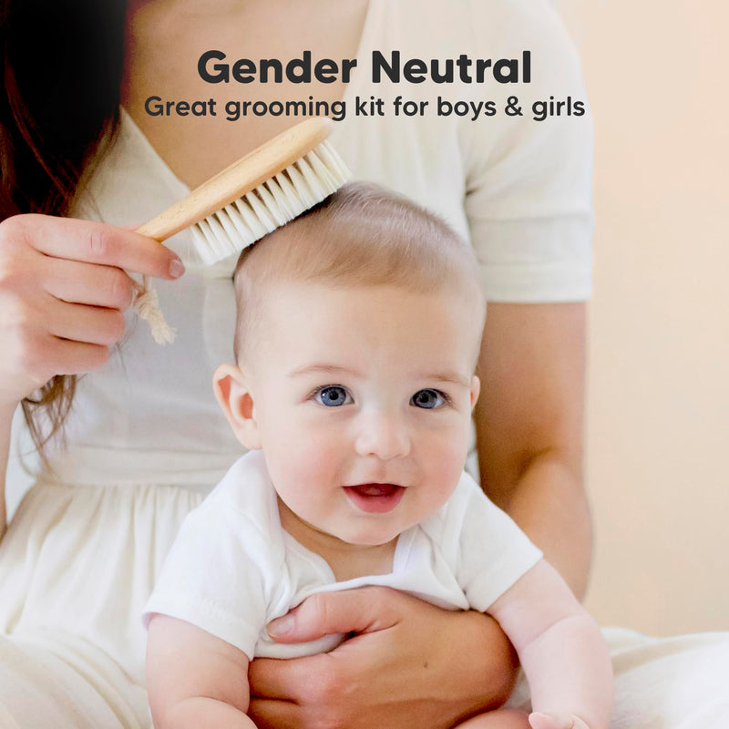 [Australia] - Baby Hair Brush and Comb Set for Newborn - Wooden Baby Hair Brush Set with Soft Goat Bristle, Baby Brush Set for Newborns Baby Brush and Comb Set Girl, Boy, Toddler Cradle Cap Brush (Oval, Walnut) Oval 