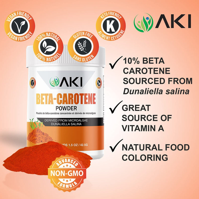 [Australia] - AKI Beta Carotene 10% Powder (1.5Oz, 42.52G) Highly Concentrated flavouring Fount of Vitamin A, May Helps to Support Body Functions, Skin, Immune System, and Eye | GMO Free & Vegan Friendly 
