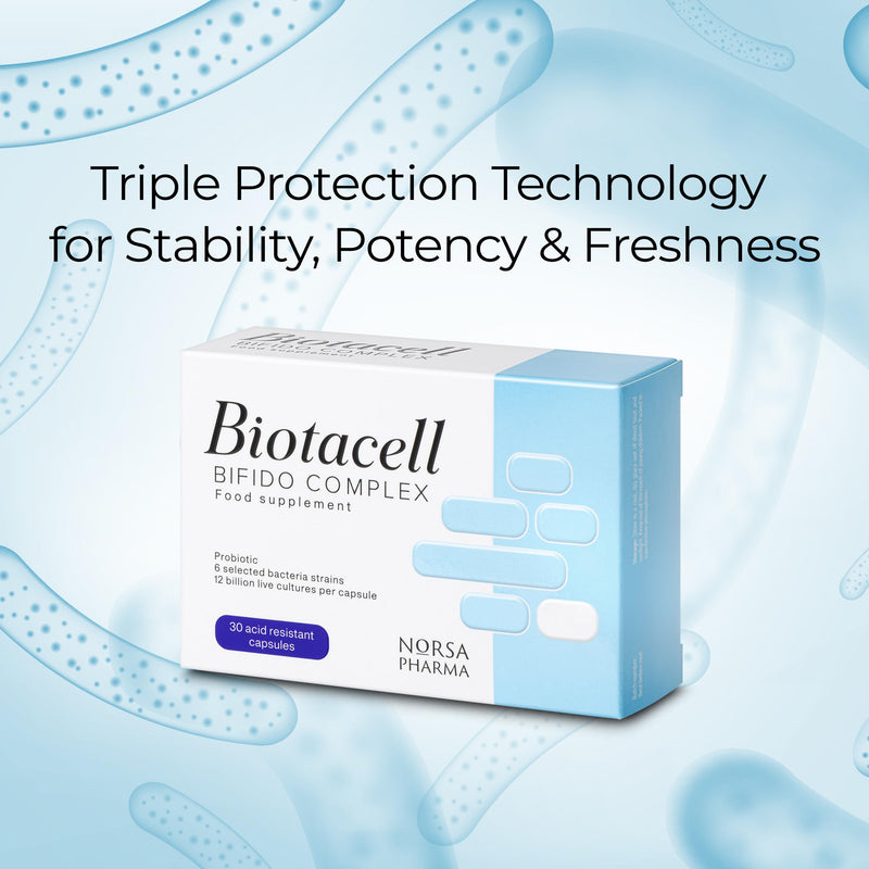 Biotacell Bifido Complex (30 Capsules) | 12 Billion CFU | 6 Bifidobacterium Strains with Acacia Fibre | Bloating & Digestive Support Probiotics for Women & Men | Prebiotics Gut Health Supplements
