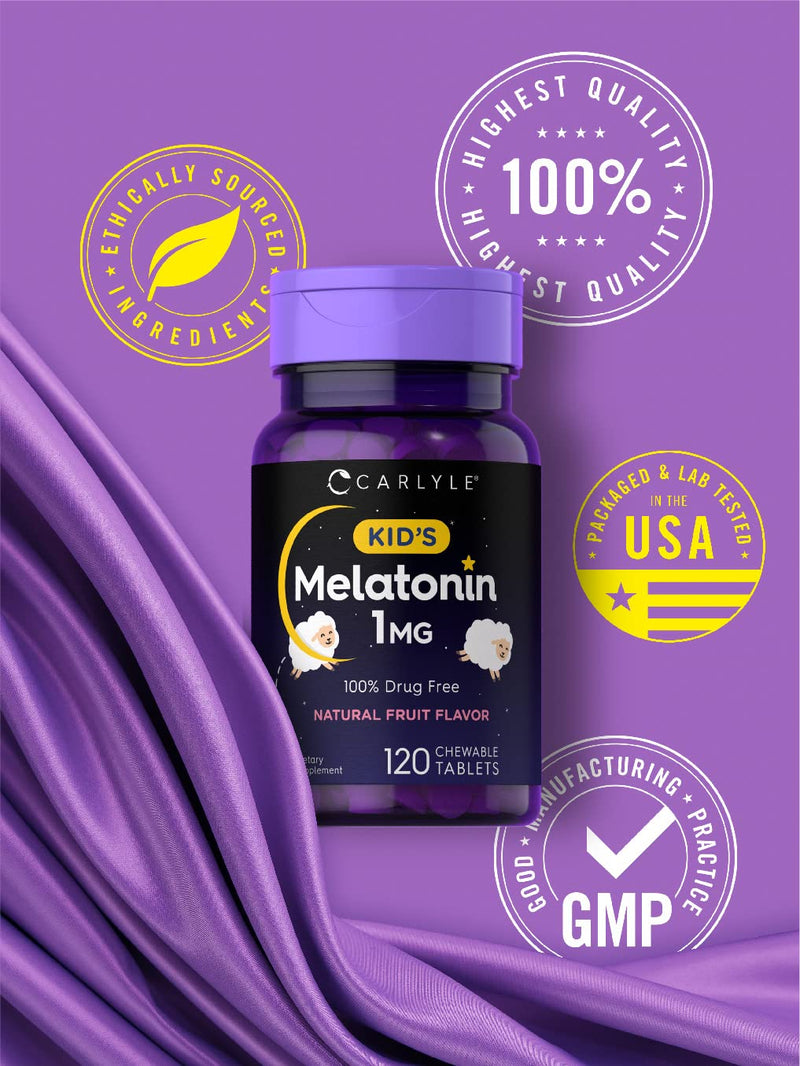 Carlyle Kids Melatonin 1mg | 120 Chewable Tablets | Fruit Flavor | Non-GMO, Gluten Free