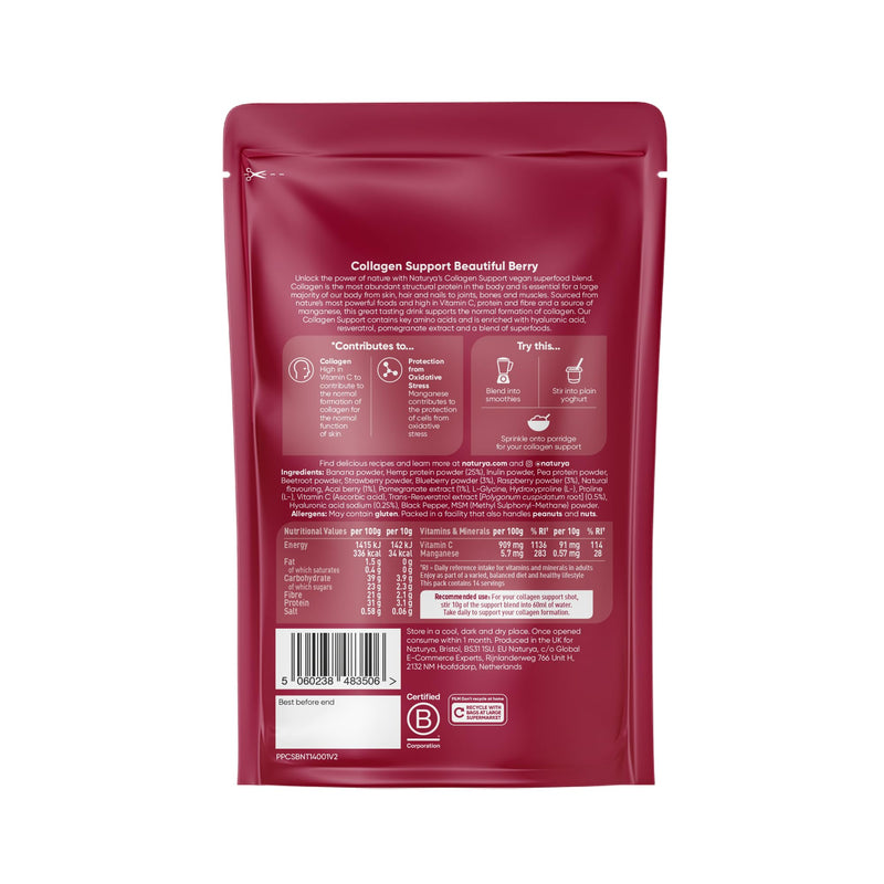 Naturya Vegan Superfood Collagen Support Beautiful Berry 140 g – Plant-Based Collagen Builder with Vitamin C, Hyaluronic Acid & Mixed Berry Flavour