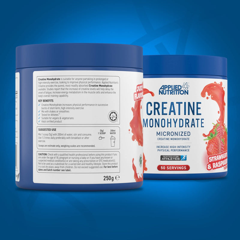 Applied Nutrition Creatine + 700ml Shaker | Creatine Monohydrate Micronized Powder with Flavour, Increases High-Intensity Physical Performance (250g - 50 Servings) (Strawberry & Raspberry) Strawberry & Raspberry 50 Servings (Pack of 1)