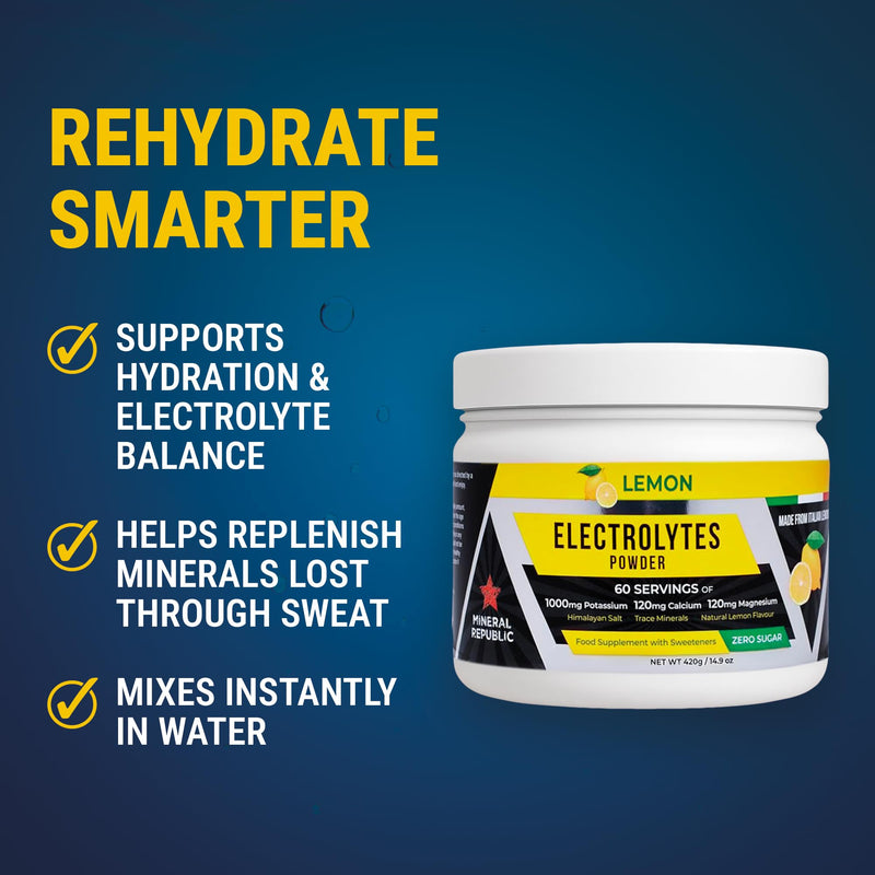 Electrolyte Powder – Sugar-Free Lemon Hydration Drink Mix – 60 Servings (2-Month Supply) – 1000mg Potassium with Magnesium, Calcium & Himalayan Salt – Keto, Vegan & Fasting Friendly