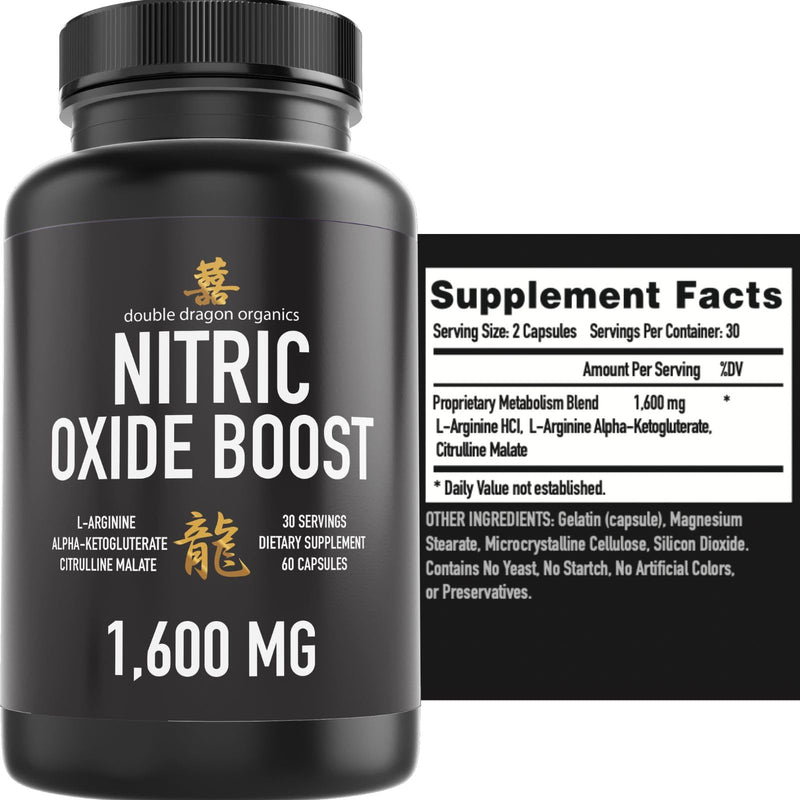 [Australia] - Nitric Oxide Booster Supplement, 1600mg Extra Strength L-Arginine, Citrulline Malate, and Alpha-Ketoglutarate (60 Count, 1 Bottle) 60 Count (1 Bottle) 