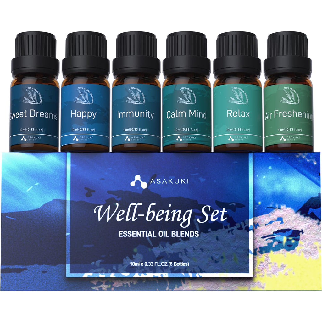 ASAKUKI Essential Oil Blends, Essential Oils Set for Diffusers for Home, Well-being Kit- Calming, Dreams, Breathe, Relaxing, Mood, Fresh Air Aromatherapy Oils for Humidifiers, Massage, 6x10ml