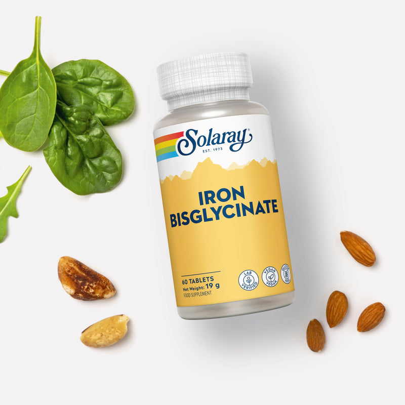 Solaray Gentle Iron Bisglycinate 25mg - 60 Vegan Tablets - High Strength Iron Supplement for Energy Support for Men & Women - with Added Alfaalfa Herb and Yellow Dock Root - Lab Verified