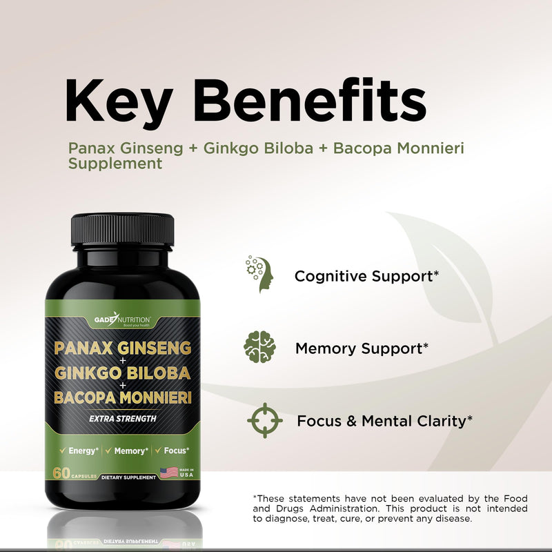 [Australia] - Gade Nutrition Ginkgo Biloba with Ginseng Supplement and Bacopa Monnieri | Brain Supplements for Memory and Focus with panax Ginseng & Ginko biloba Capsules - Memory Supplement for Brain 