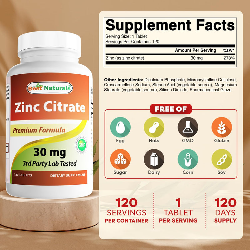 Best Naturals Zinc 30mg Supplements (as Zinc Citrate) - zinc Vitamins for Adults Immune Support - 120 Tablets (120 Count (Pack of 3))