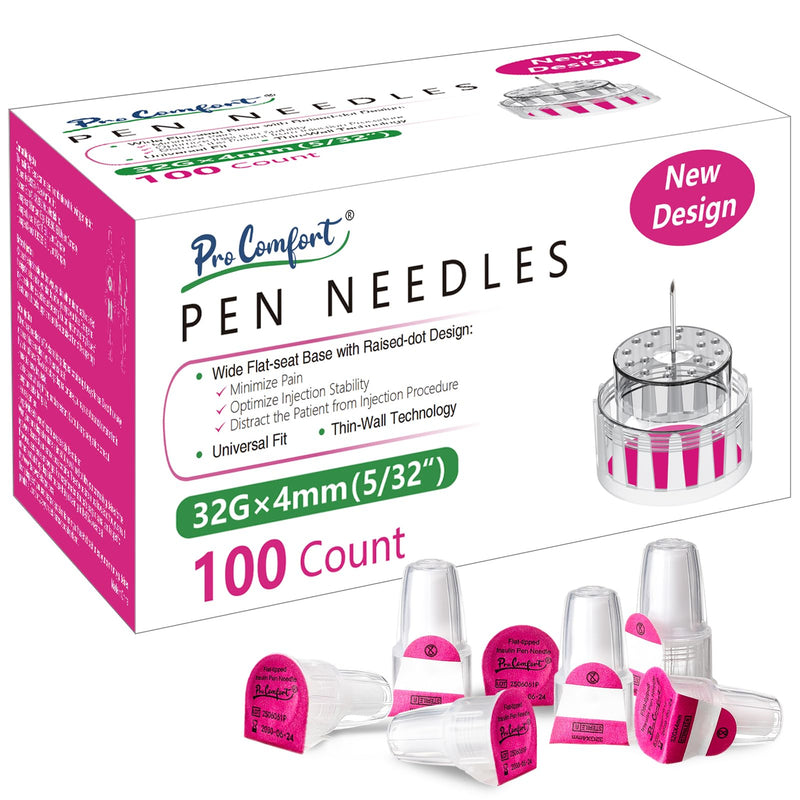 [Australia] - Insulin Pen Needle 32G 4mm (5/32"), Wide Flat -seat Base, 100 Count, Diabetic Pen Needles for Injections Universal Fit with Most Diabetes Pens Comfortable 