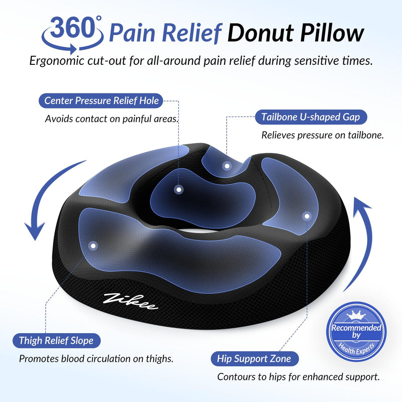 [Australia] - ZIKEE 360° Pain Relief Donut Pillow for Tailbone Pain, Hemorrhoid Pillow for Sitting, Memory Foam Donut Seat Cushion with Ergonomic W-Shaped Designs for Thighs Relief, Postpartum & Post Surgery Care 