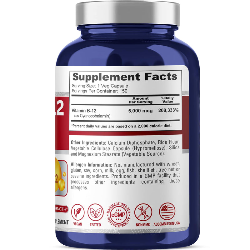 Vitamin B12, Max Strength, Non-GMO, Vegan, 5000mcg, 150 Caps - 150 Servings | Dietary Supplement Formula, Max Strength Cyanocobalamin, Suitable for Adults, Manufactured in cGMP Registered Facility USA