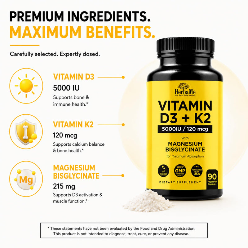 HerbaMe Vitamin D3 5000 IU + K2 with Magnesium Bisglycinate Formula | Complete D3 Activation & Calcium Absorption to Support Bone, Muscle & Immune Health, 90 Capsules