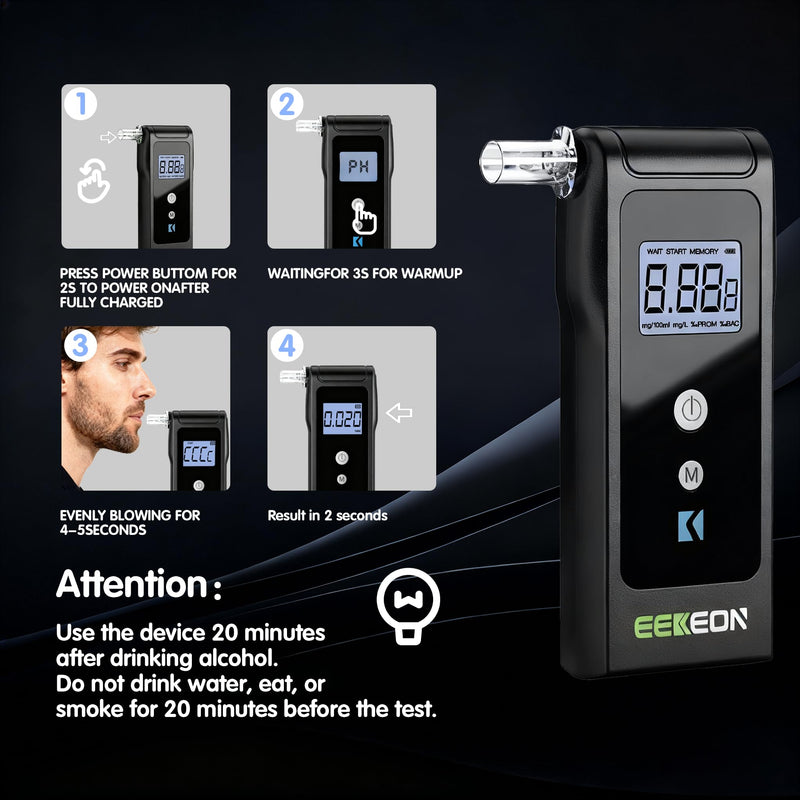 Breathalyzer, Fuel Cell Breathalyzer for Alcohol, Personal Alcohol Breathalyzer Tester for Home with 10 Mouthpieces (Black 2) Black 2