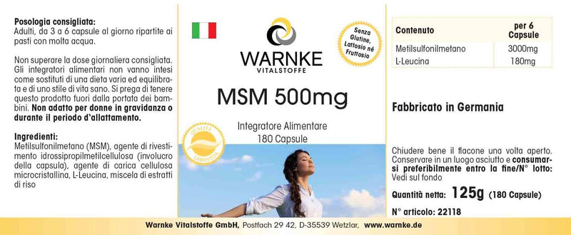 [Australia] - MSM 500mg - 180 capsules - high dose - methylsulfonylmethane | Warnke vital substances - German pharmacy quality 