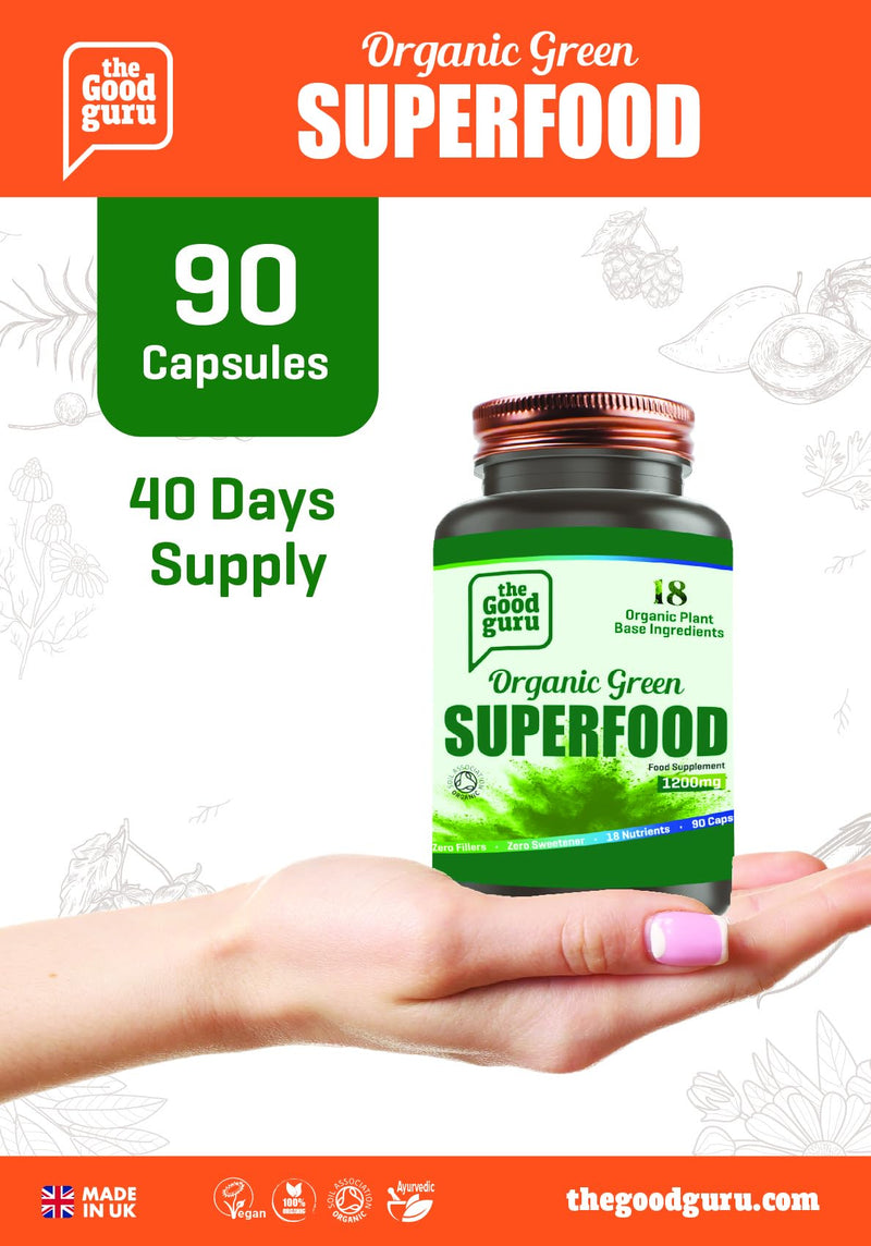 Organic Green Superfood Supplement Capsules - 90 Capsules with 18 Nutritious Ingredients