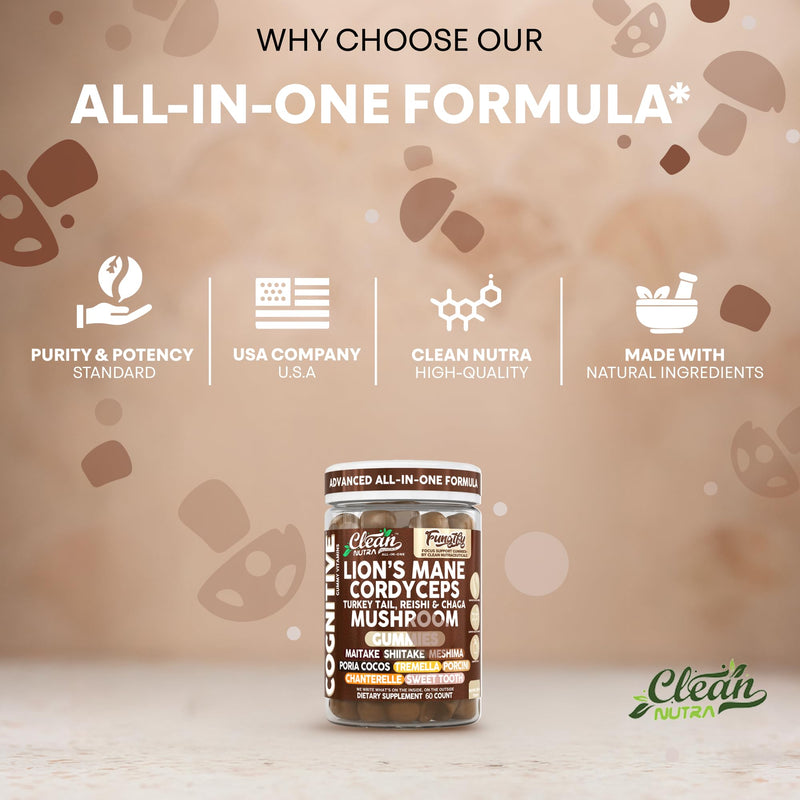Clean Nutra Lions Mane Mushroom Gummies Cordyceps Supplement for Memory and Focus Immune Support Vitamins Reishi Chaga Turkey Tail Mushrooms Gummy Shiitake Maitake Meshima Supplements