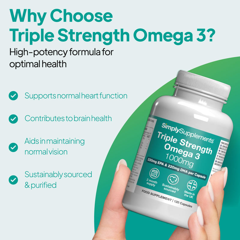Triple Strength Omega 3 1,000mg | Supports Heart, Brain & Eye Health | Rich in Omega 3 Fatty Acids | 660mg of EPA and 440mg of DHA per Serving | 120 Capsules = 2 Months’ Supply | Made in UK 120 count (Pack of 1)