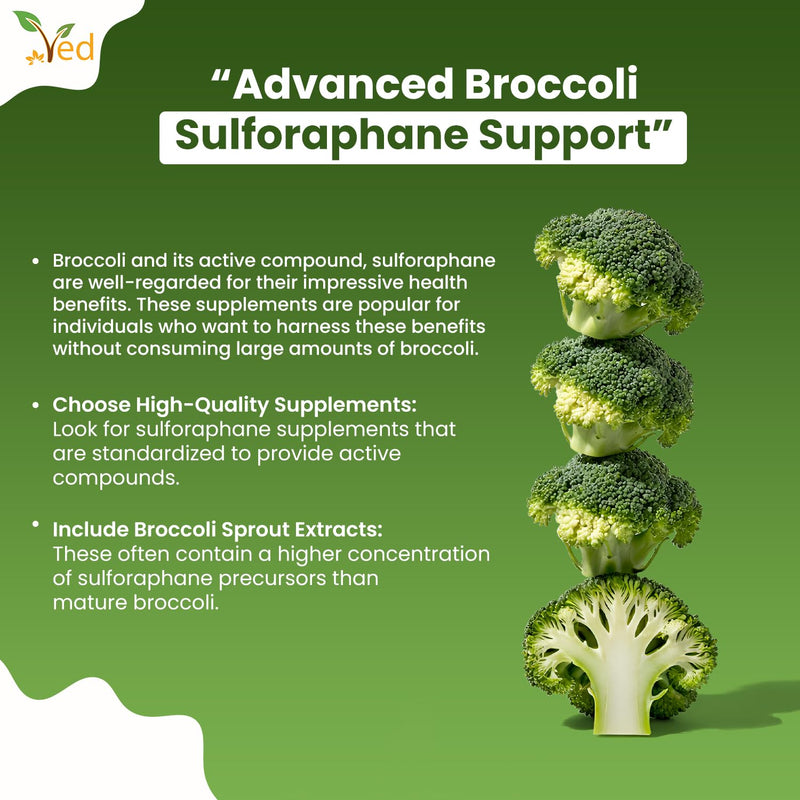 Ved Broccoli Sulforaphane, Broccoli Powder Rich in Vitamins and Minerals, 550 mg 90 Vegan Capsules (45 Days supplys)