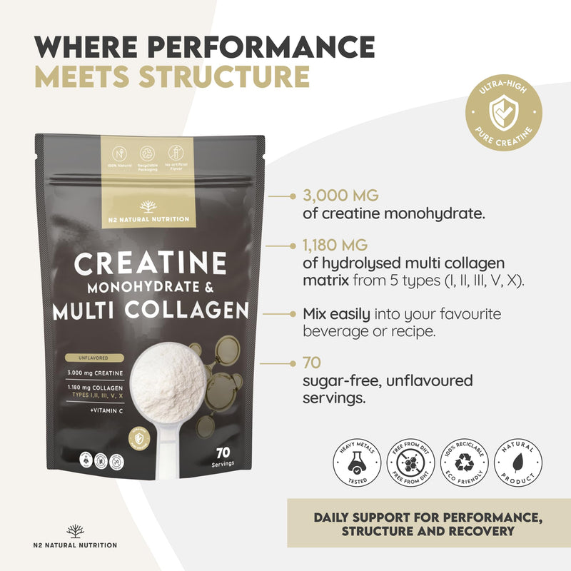 Creatine Monohydrate Powder+ Multi Collagen with Vitamin C (70 Doses) 3000mg Creatine Unflavored + Collagen I, II, III, V and X. Supplement for Strength, Power & Performance. N2 Natural Nutrition