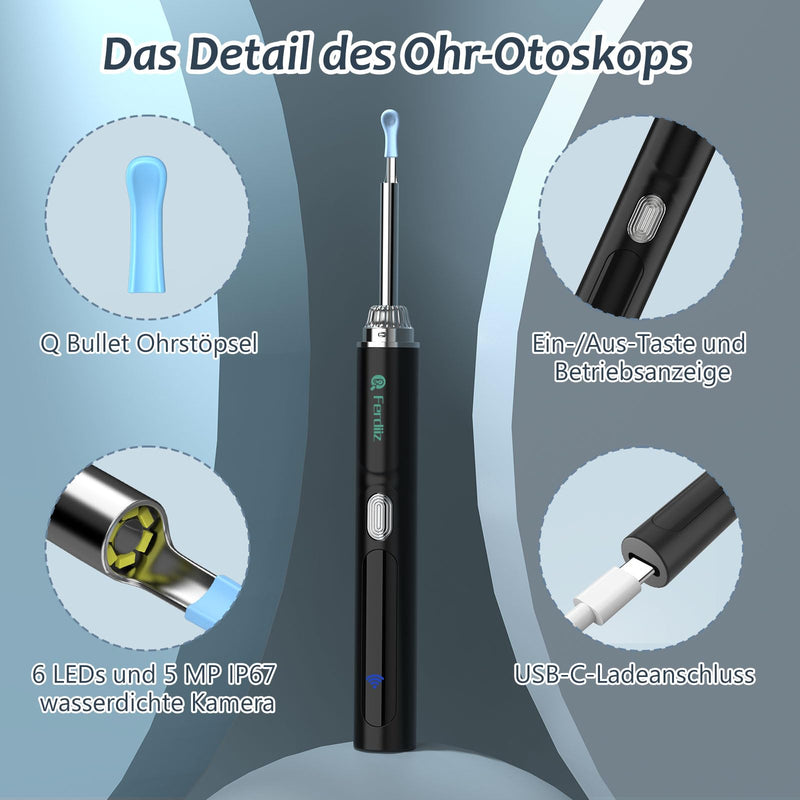 [Australia] - Earwax Remover Otoscope, Ferdiiz 1080P Ear Cleaner with Camera, IP67 Waterproof Ear Cleaning for iPhone, iPad and Android Smartphones.(Black) Black 1 