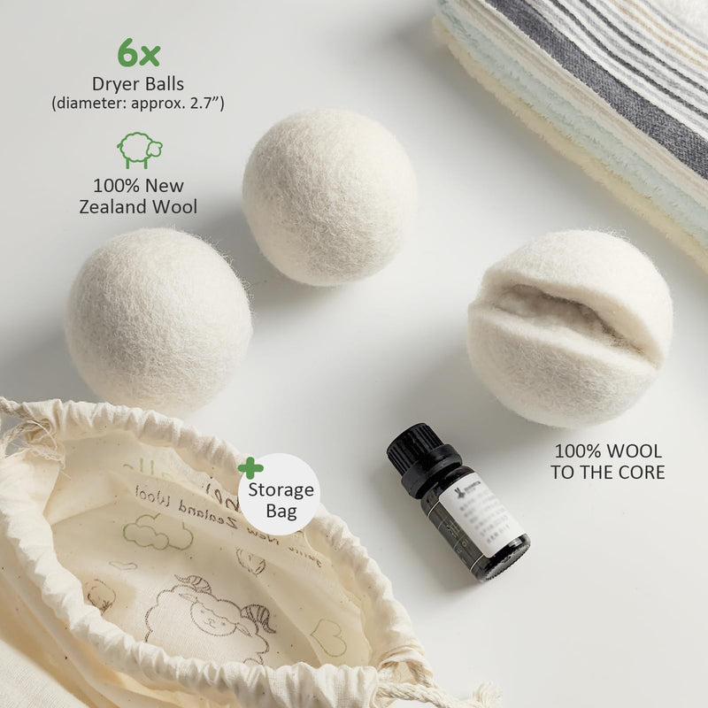 Wool Dryer Balls Laundry Reusable, 100% Natural New Zealand Wool Balls for Dryer, 6 in 1 Pack (White) White