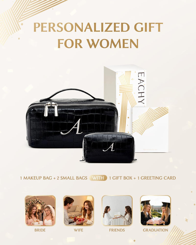 EACHY Birthday Gifts for Women & Back to School, Personalized Makeup Bag | Birthday Gift, Gift Box, Greeting Card, TPU Makeup Brush Bag, Open Flat Makeup Organizer Bag, Divider and Handle M-Set 2-Piece Set